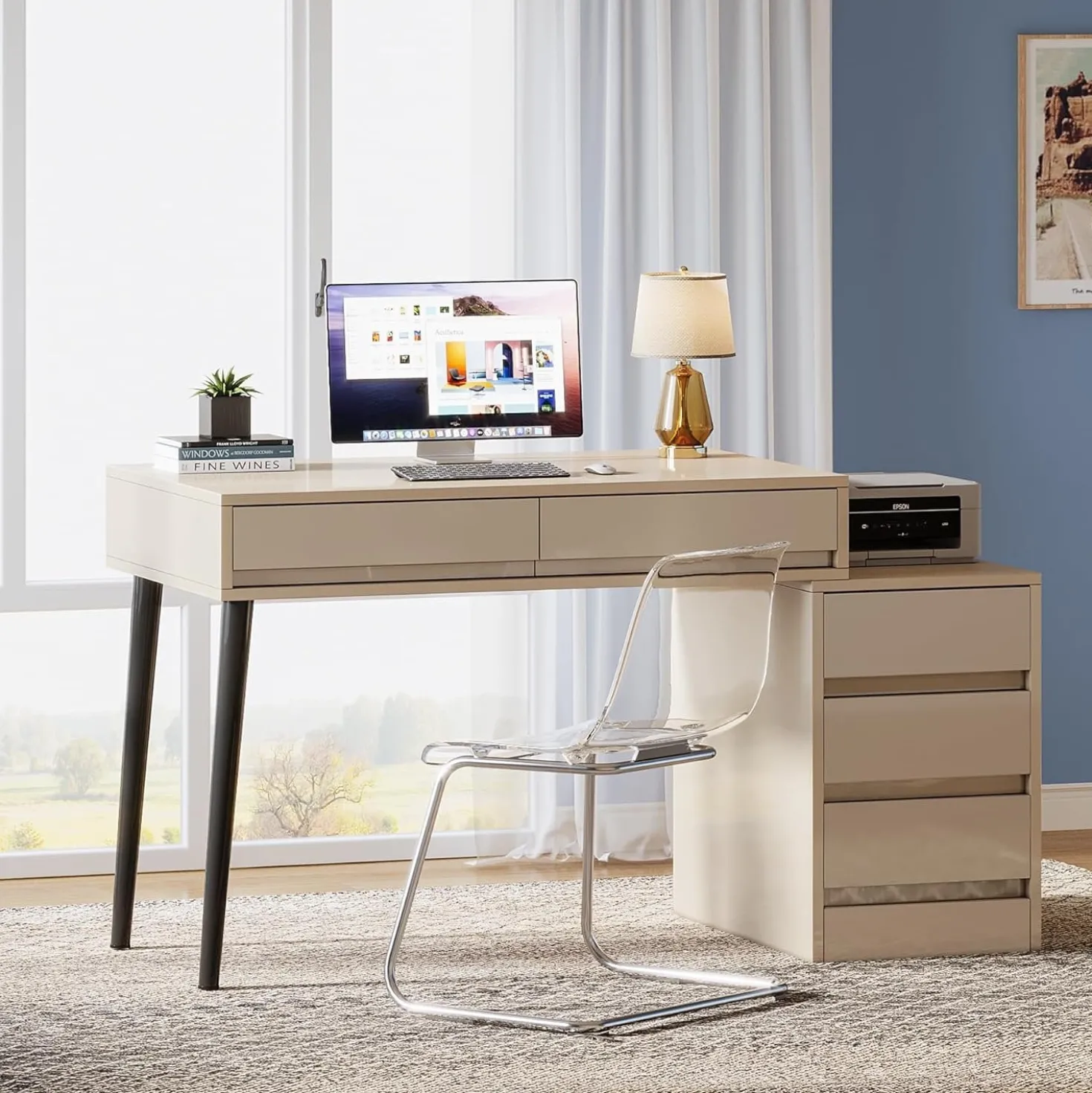 Modern Computer Desk Home Office Desk with 5 Storage Drawers