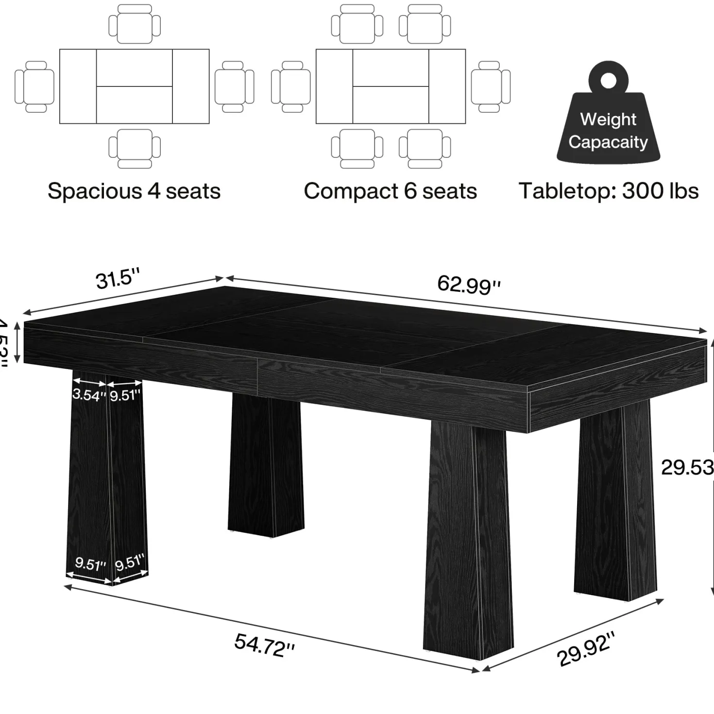 Modern Kitchen Table, 63" Dining Table Dinner Table for 4-6