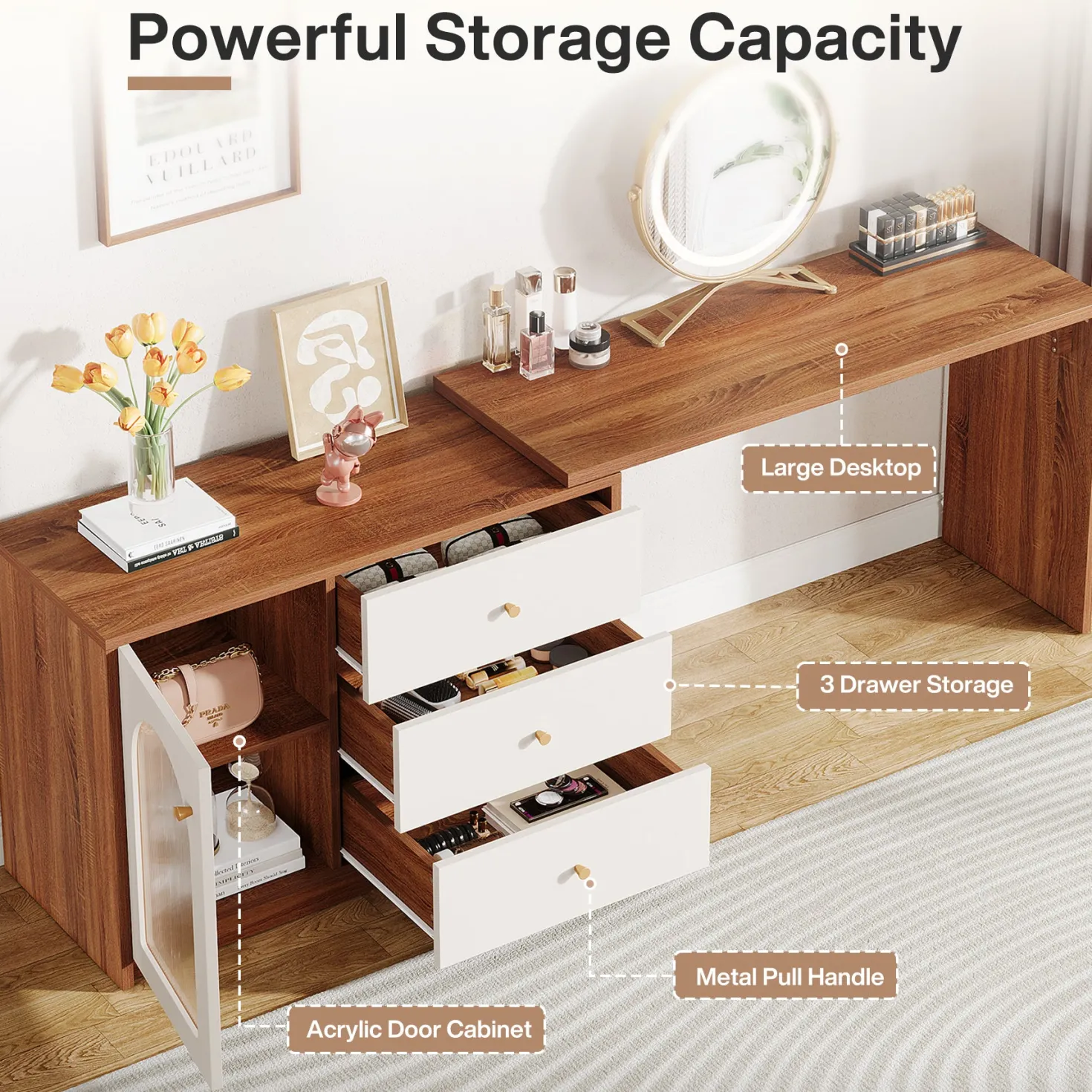 Modern Makeup Vanity, Dressing Table with 3 Drawers and Cabinet