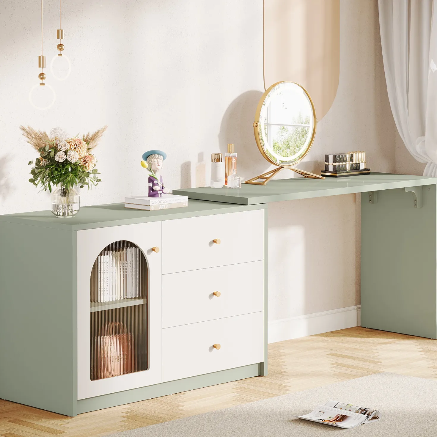 Modern Makeup Vanity, Dressing Table with 3 Drawers and Cabinet