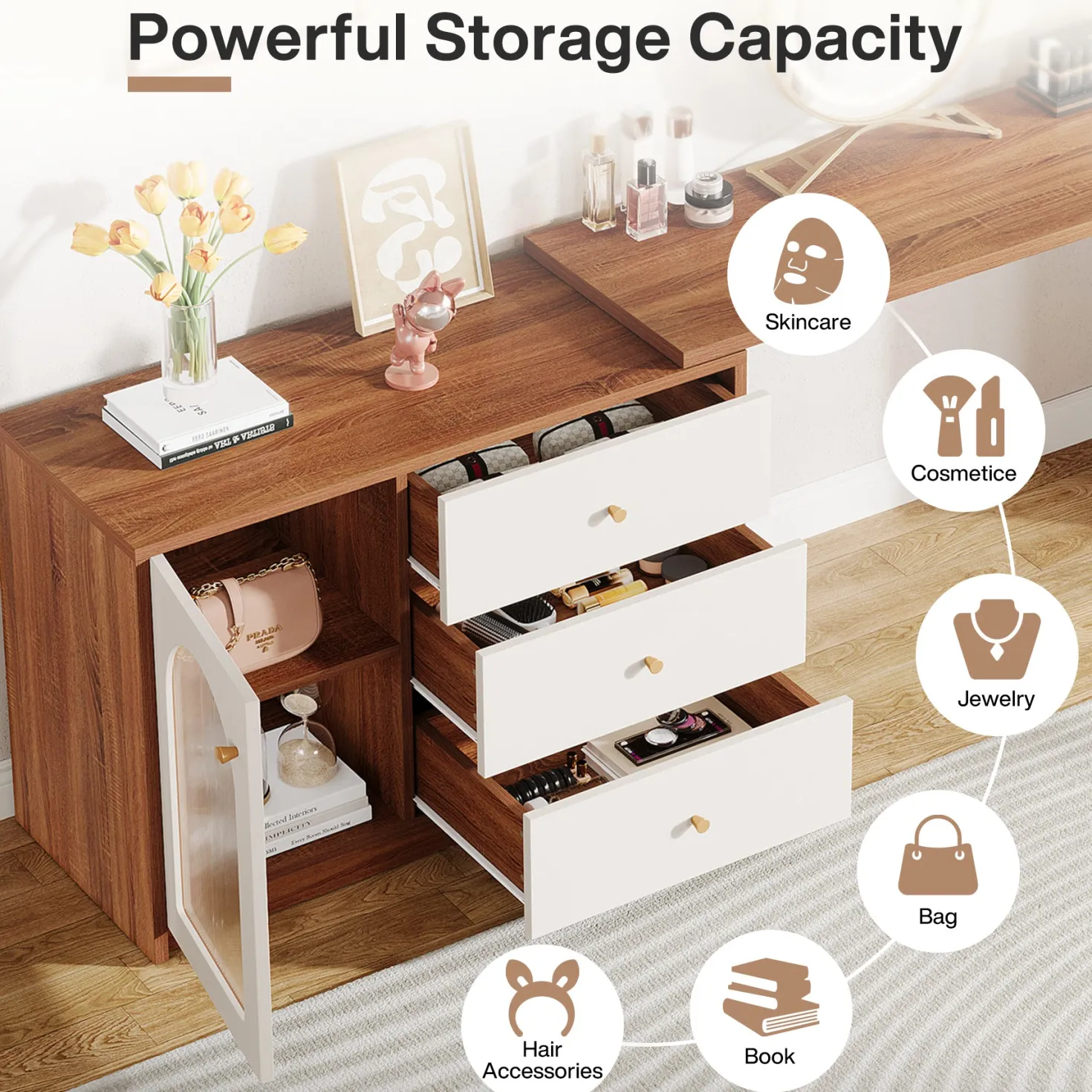 Modern Makeup Vanity, Dressing Table with 3 Drawers and Cabinet
