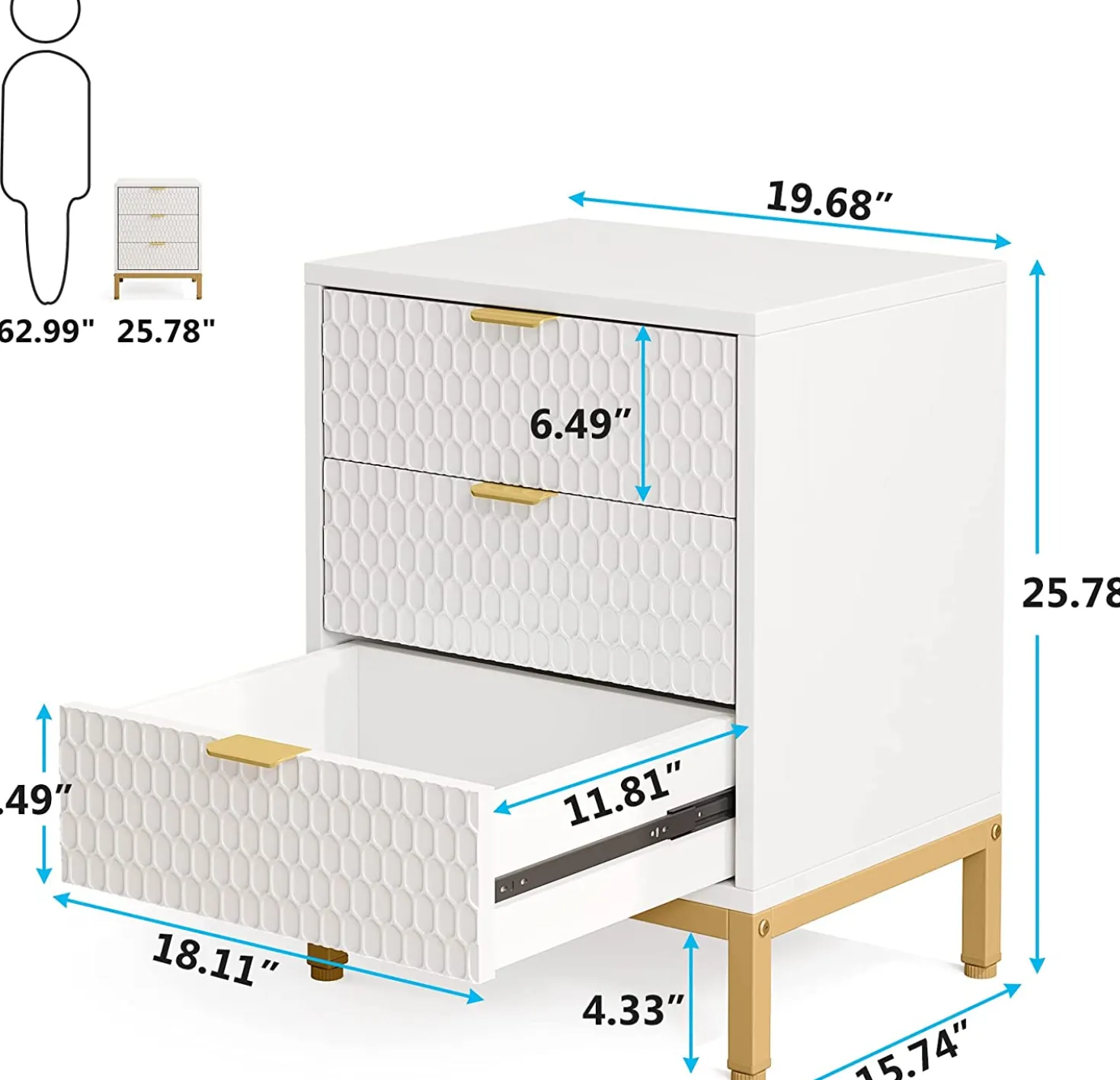 Modern Nightstand, 25.8" Tall Bedside Table with 3 Drawers