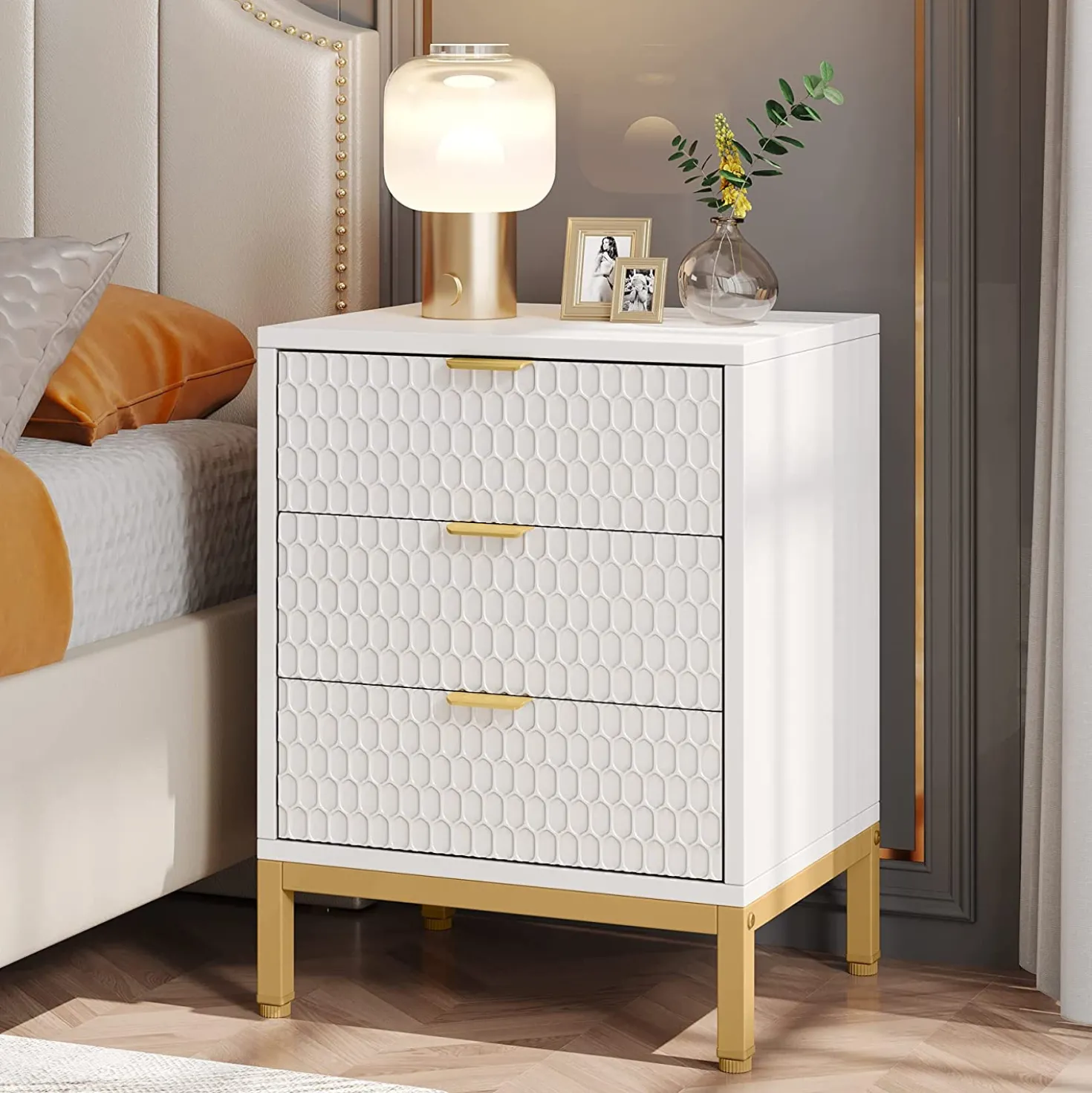 Modern Nightstand, 25.8" Tall Bedside Table with 3 Drawers