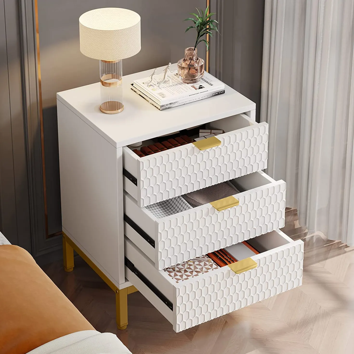 Modern Nightstand, 25.8" Tall Bedside Table with 3 Drawers