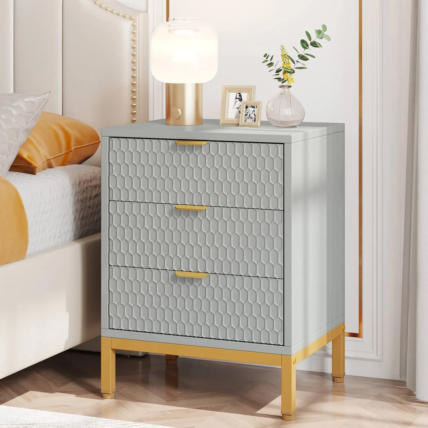 Modern Nightstand, 25.8" Tall Bedside Table with 3 Drawers