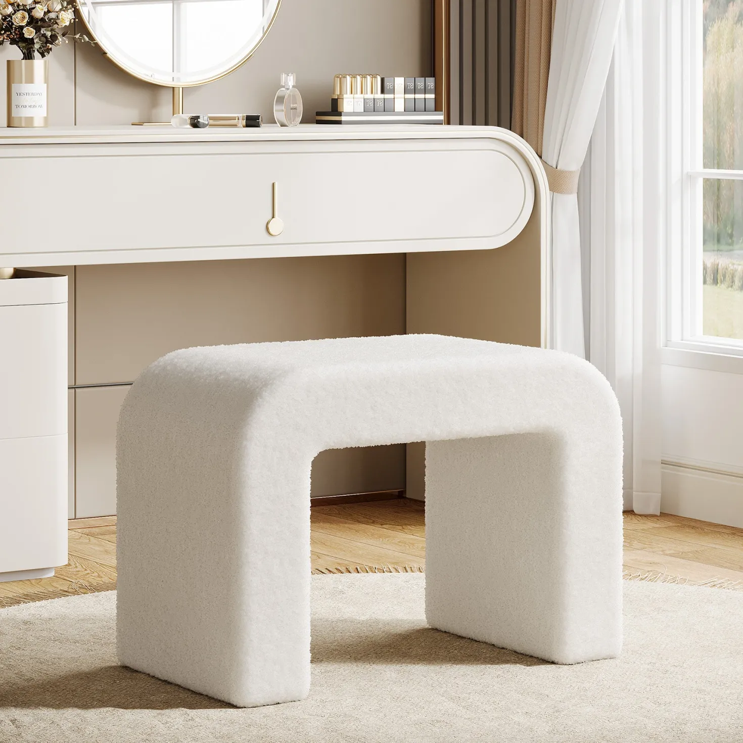 Modern Vanity Stool, Fully Assembled Upholstered Ottoman Sofa Footrest