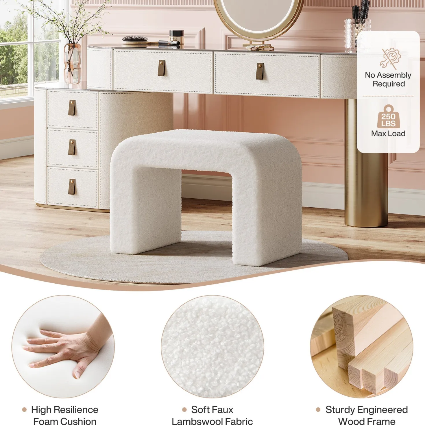 Modern Vanity Stool, Fully Assembled Upholstered Ottoman Sofa Footrest