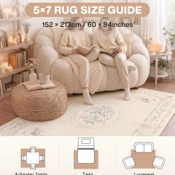 Multiple sizes Floral Boho Vintage Area Rug, Soft Bow Washable Non-Slip Low Pile Indoor Carpet, Oeko-Tex Certified