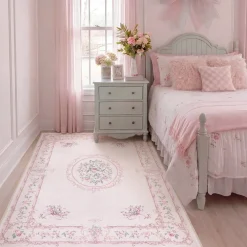 Multiple sizes Floral Boho Vintage Area Rug, Soft Bow Washable Non-Slip Low Pile Indoor Carpet, Oeko-Tex Certified