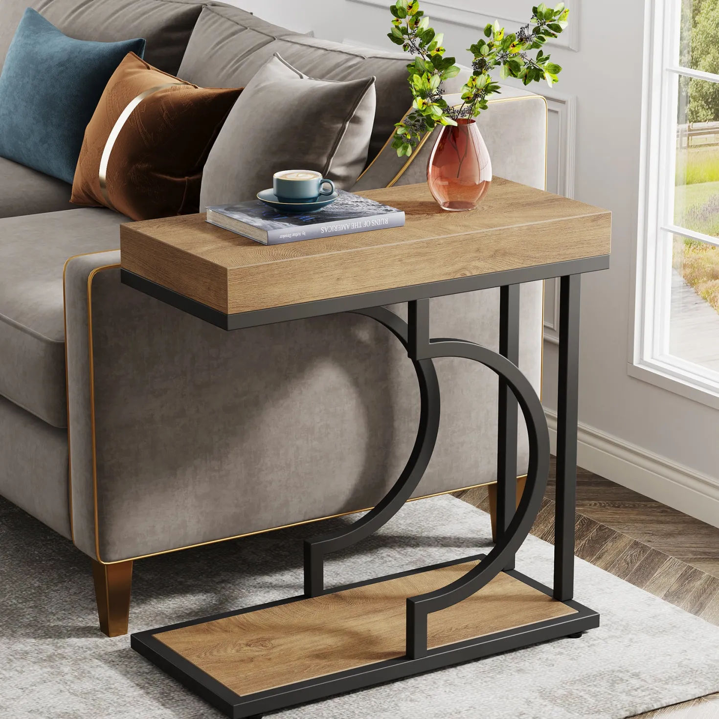 Narrow C Table, Modern End Table Bedside Table with Metal Frame