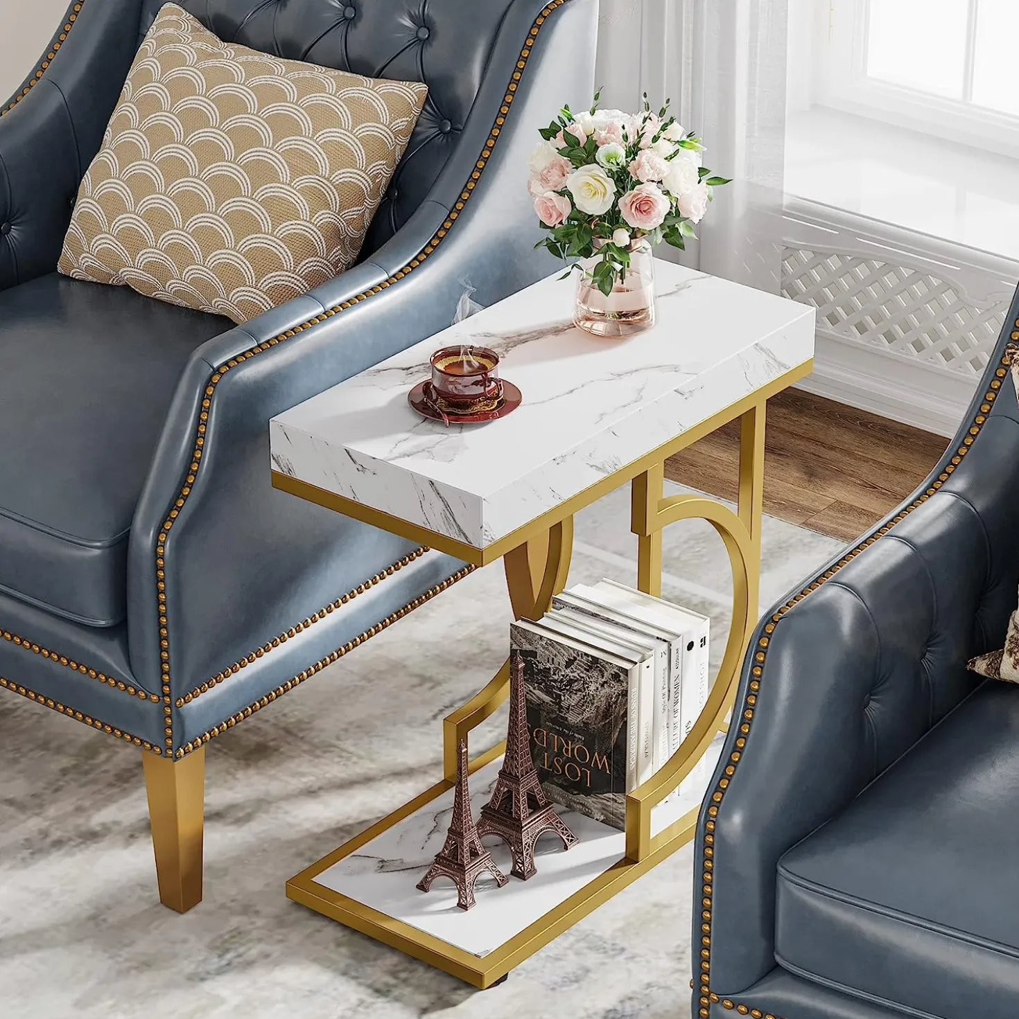 Narrow C Table, Modern End Table Bedside Table with Metal Frame