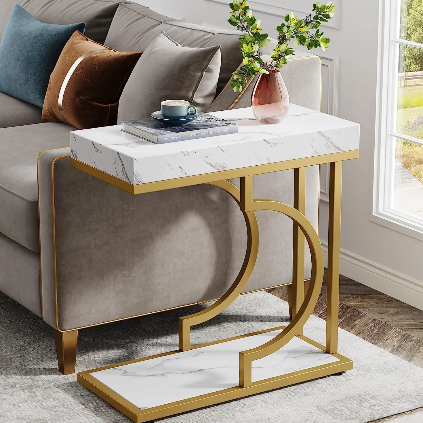 Narrow C Table, Modern End Table Bedside Table with Metal Frame