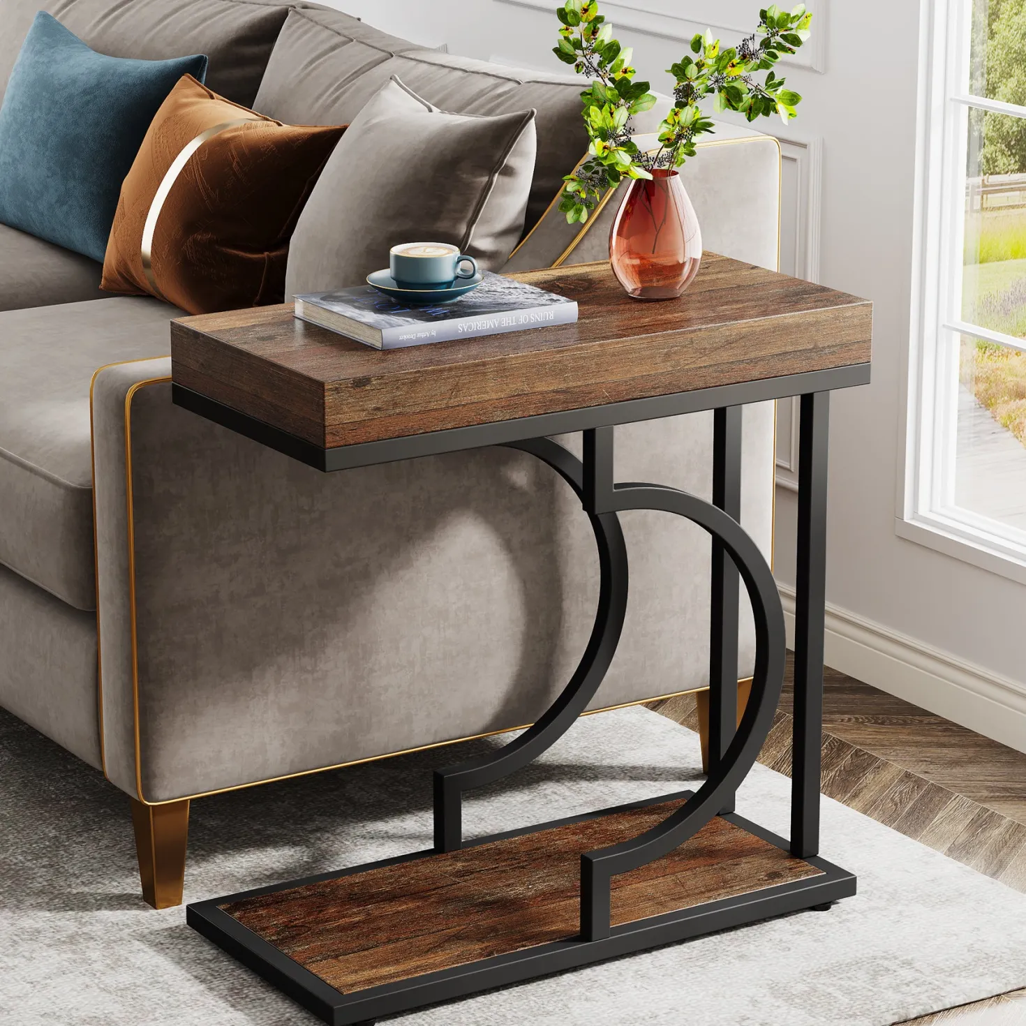 Narrow C Table, Modern End Table Bedside Table with Metal Frame