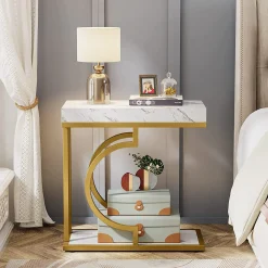 Narrow C Table, Modern End Table Bedside Table with Metal Frame