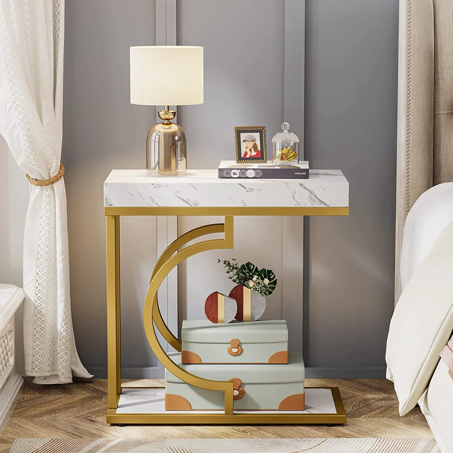 Narrow C Table, Modern End Table Bedside Table with Metal Frame