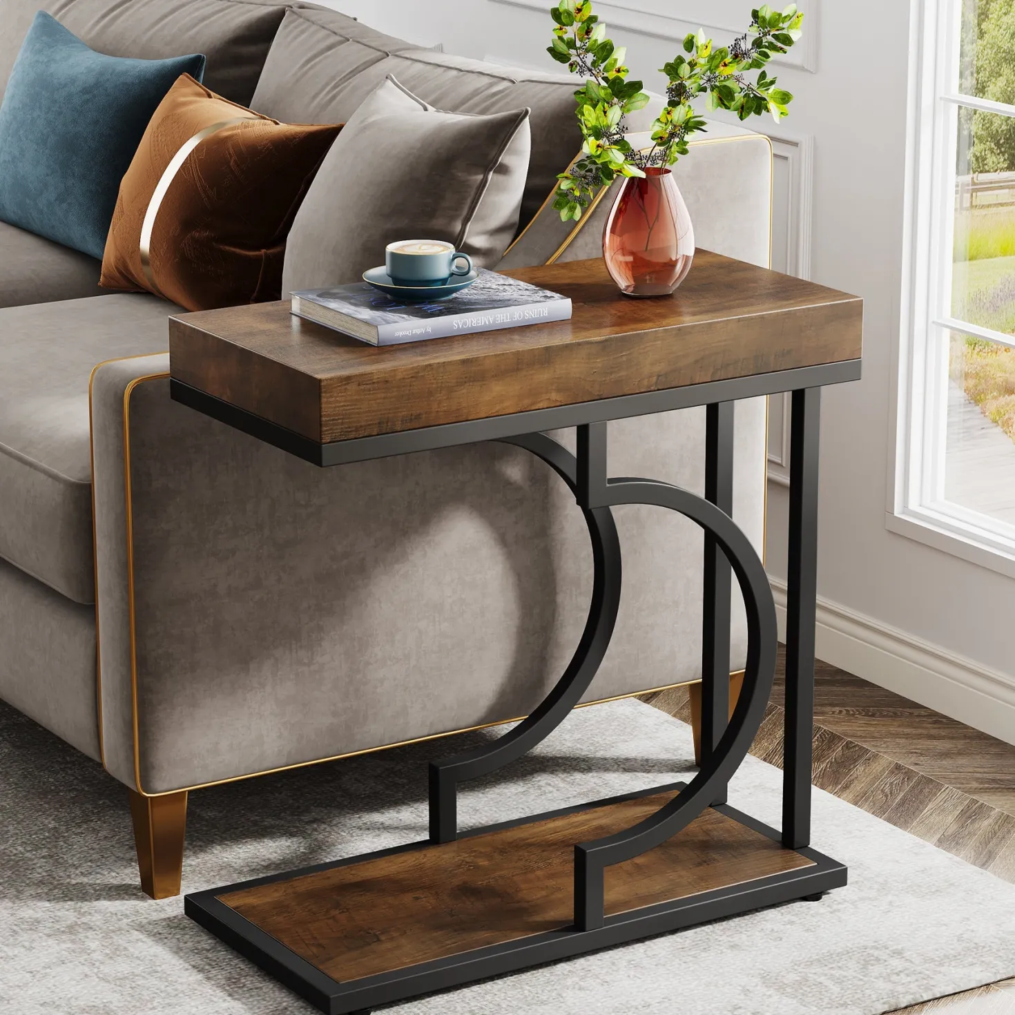 Narrow C Table, Modern End Table Bedside Table with Metal Frame