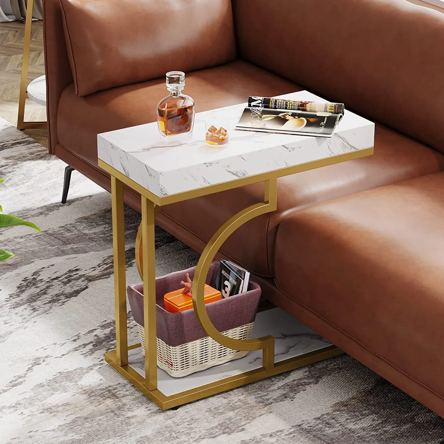 Narrow C Table, Modern End Table Bedside Table with Metal Frame