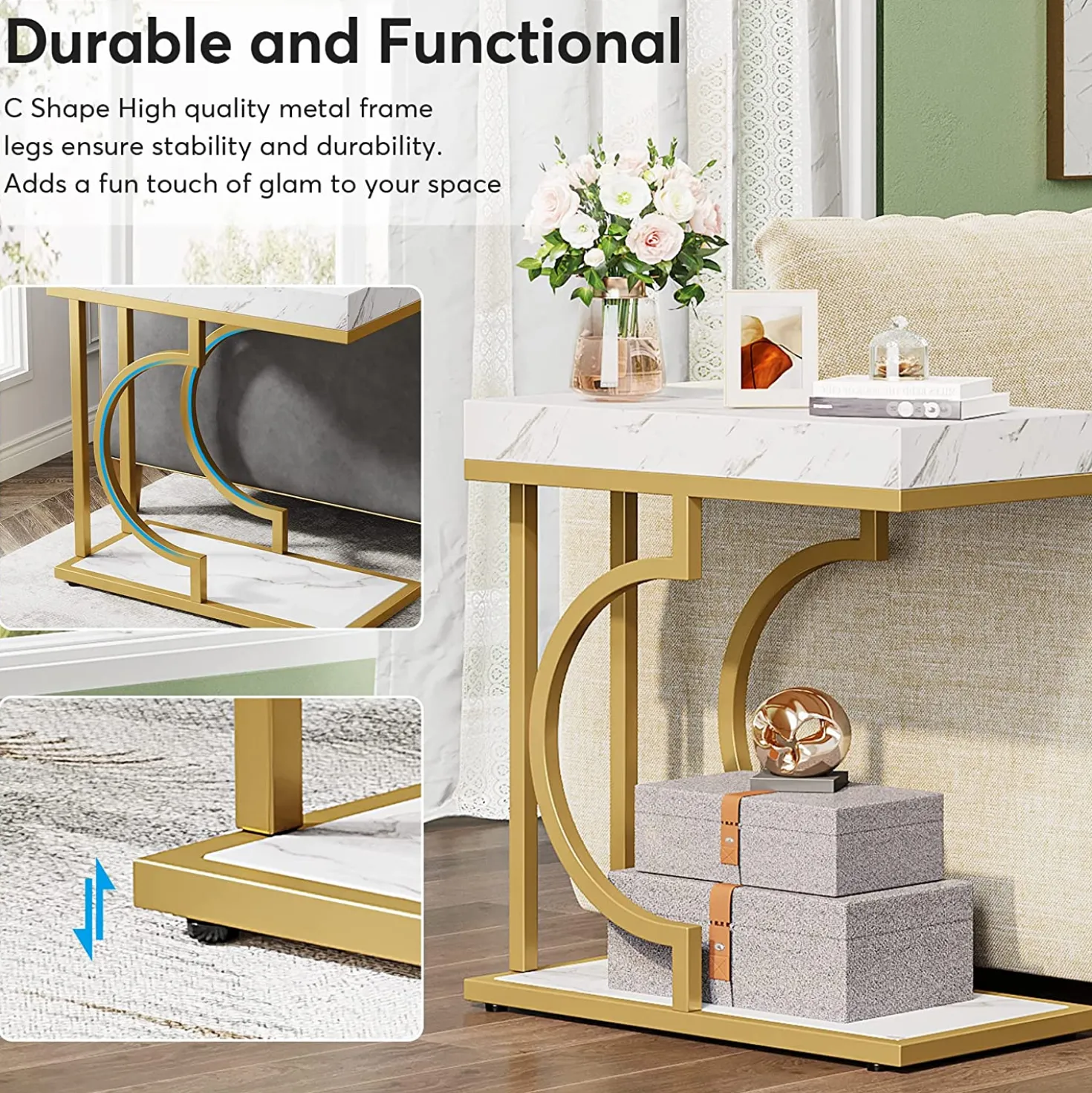 Narrow C Table, Modern End Table Bedside Table with Metal Frame