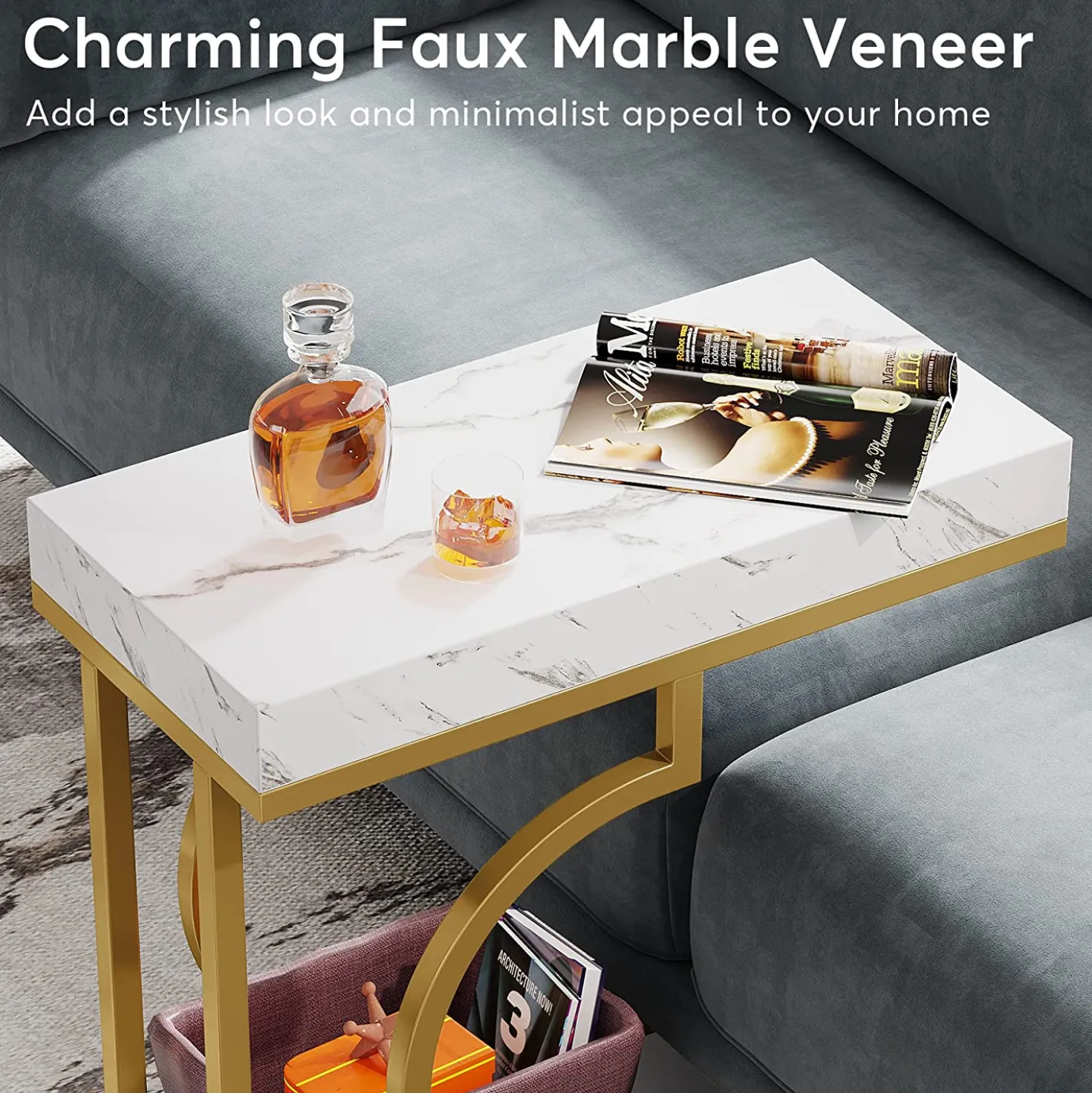 Narrow C Table, Modern End Table Bedside Table with Metal Frame