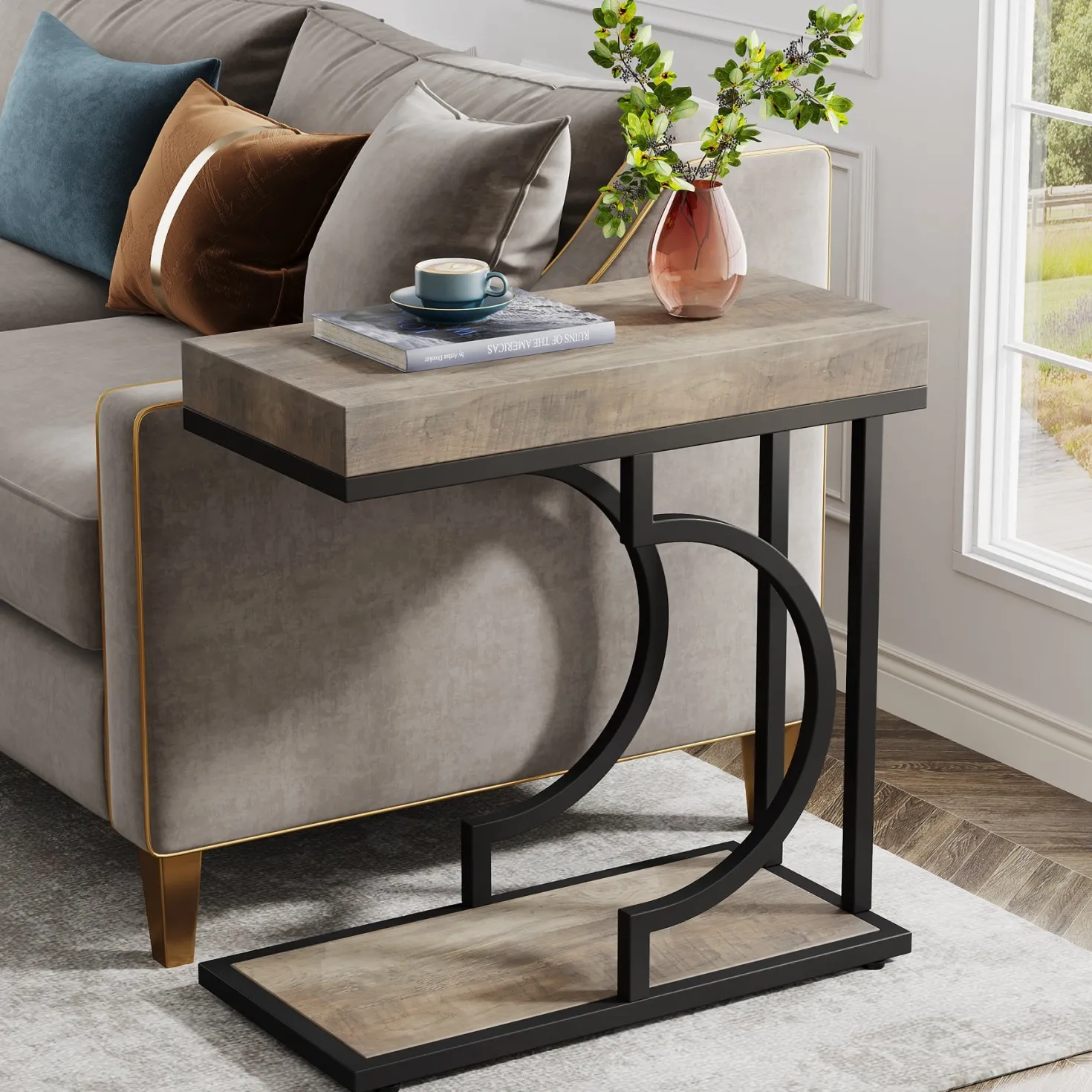 Narrow C Table, Modern End Table Bedside Table with Metal Frame