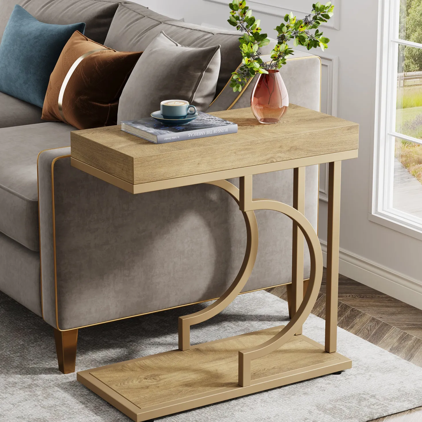 Narrow C Table, Modern End Table Bedside Table with Metal Frame