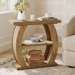 Narrow End Table, 2-Tier Farmhouse Side Table with Curved Frame