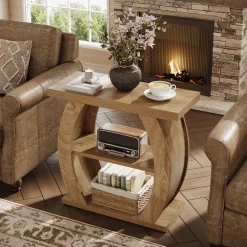 Narrow End Table, 2-Tier Farmhouse Side Table with Curved Frame