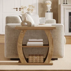 Narrow End Table, 2-Tier Farmhouse Side Table with Curved Frame