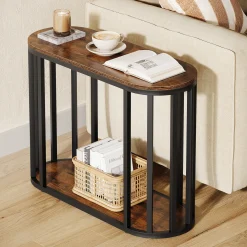 Narrow End Table with Storage, 2-Tier Industrial Side Table with Metal Frame