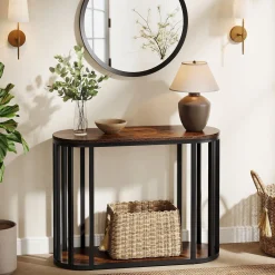Narrow End Table with Storage, 2-Tier Industrial Side Table with Metal Frame