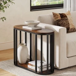 Narrow End Table with Storage, 2-Tier Industrial Side Table with Metal Frame