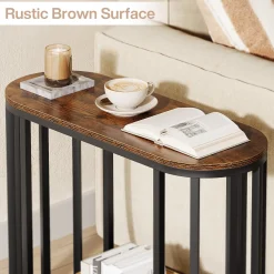 Narrow End Table with Storage, 2-Tier Industrial Side Table with Metal Frame