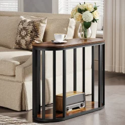 Narrow End Table with Storage, 2-Tier Industrial Side Table with Metal Frame