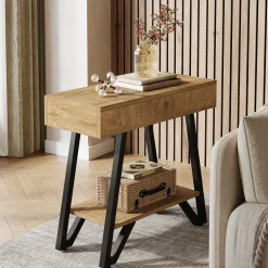 Narrow End Table,Couch Arm Side Table Nightstand with Storage Shelves