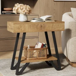 Narrow End Table,Couch Arm Side Table Nightstand with Storage Shelves