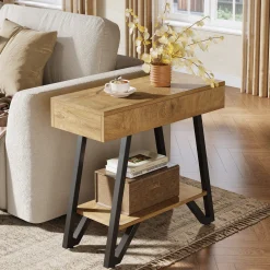 Narrow End Table,Couch Arm Side Table Nightstand with Storage Shelves