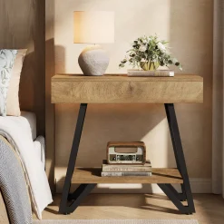 Narrow End Table,Couch Arm Side Table Nightstand with Storage Shelves