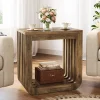 Narrow Sofa Side Table, Farmhouse End Table with Slatted Open Frame