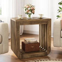 Narrow Sofa Side Table, Farmhouse End Table with Slatted Open Frame