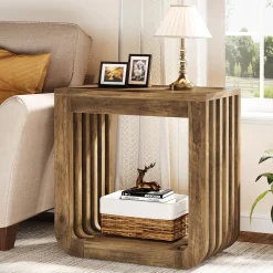 Narrow Sofa Side Table, Farmhouse End Table with Slatted Open Frame