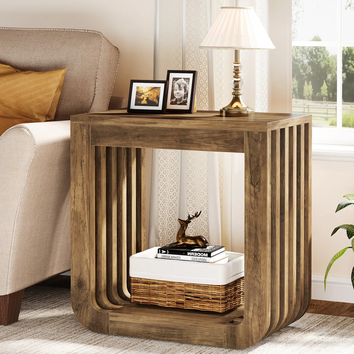 Narrow Sofa Side Table, Farmhouse End Table with Slatted Open Frame