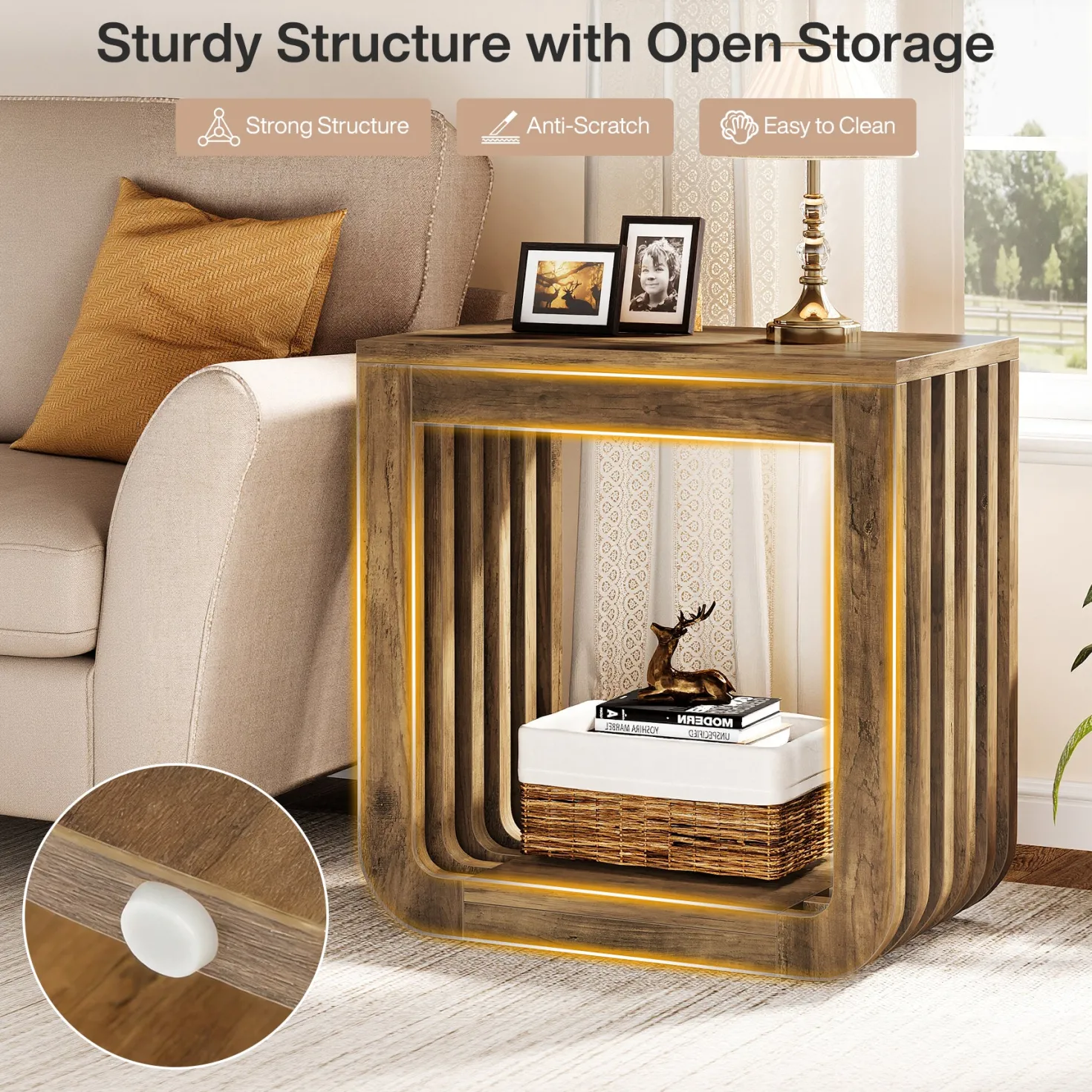 Narrow Sofa Side Table, Farmhouse End Table with Slatted Open Frame