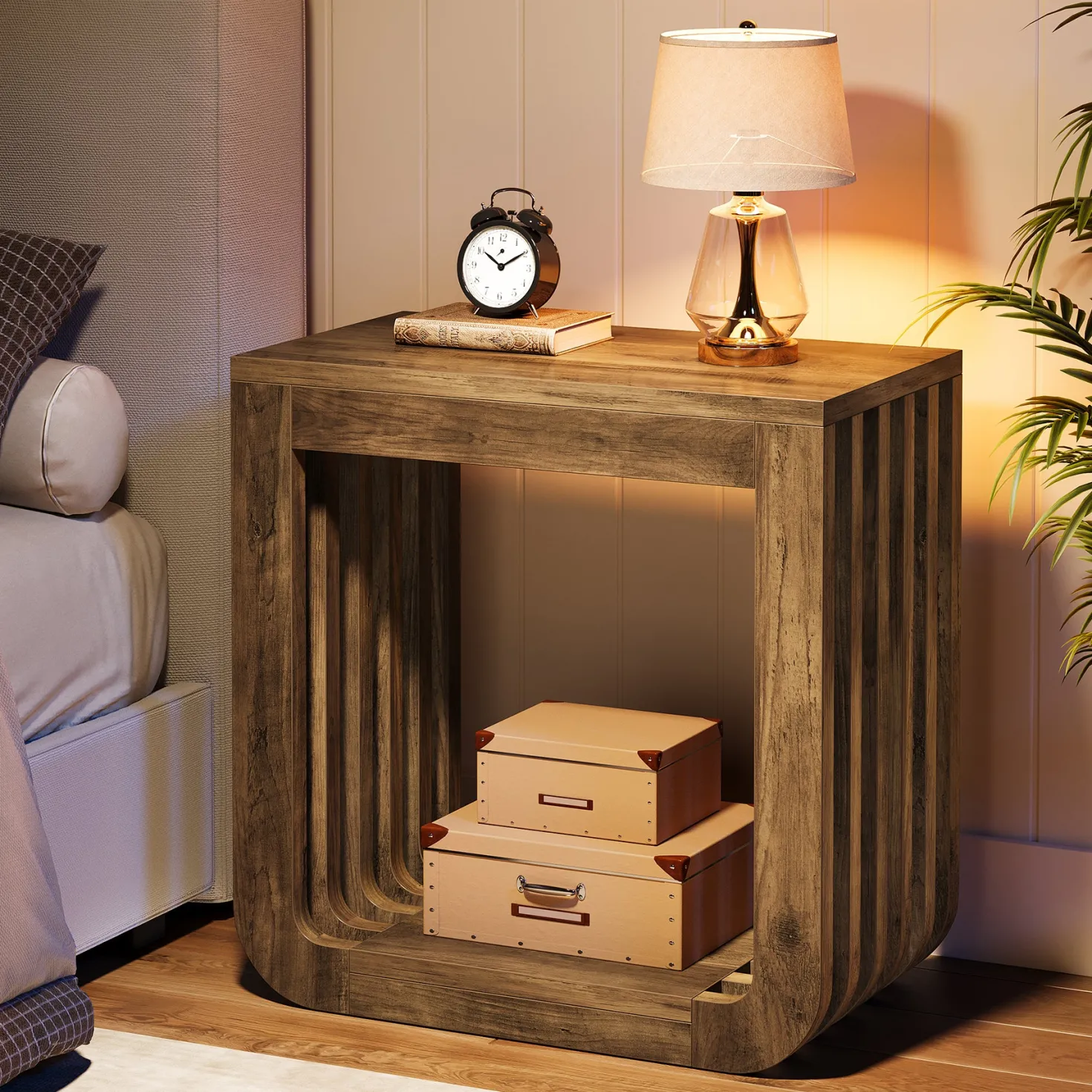 Narrow Sofa Side Table, Farmhouse End Table with Slatted Open Frame
