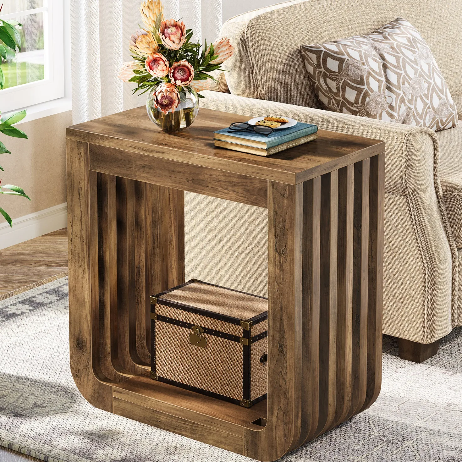 Narrow Sofa Side Table, Farmhouse End Table with Slatted Open Frame