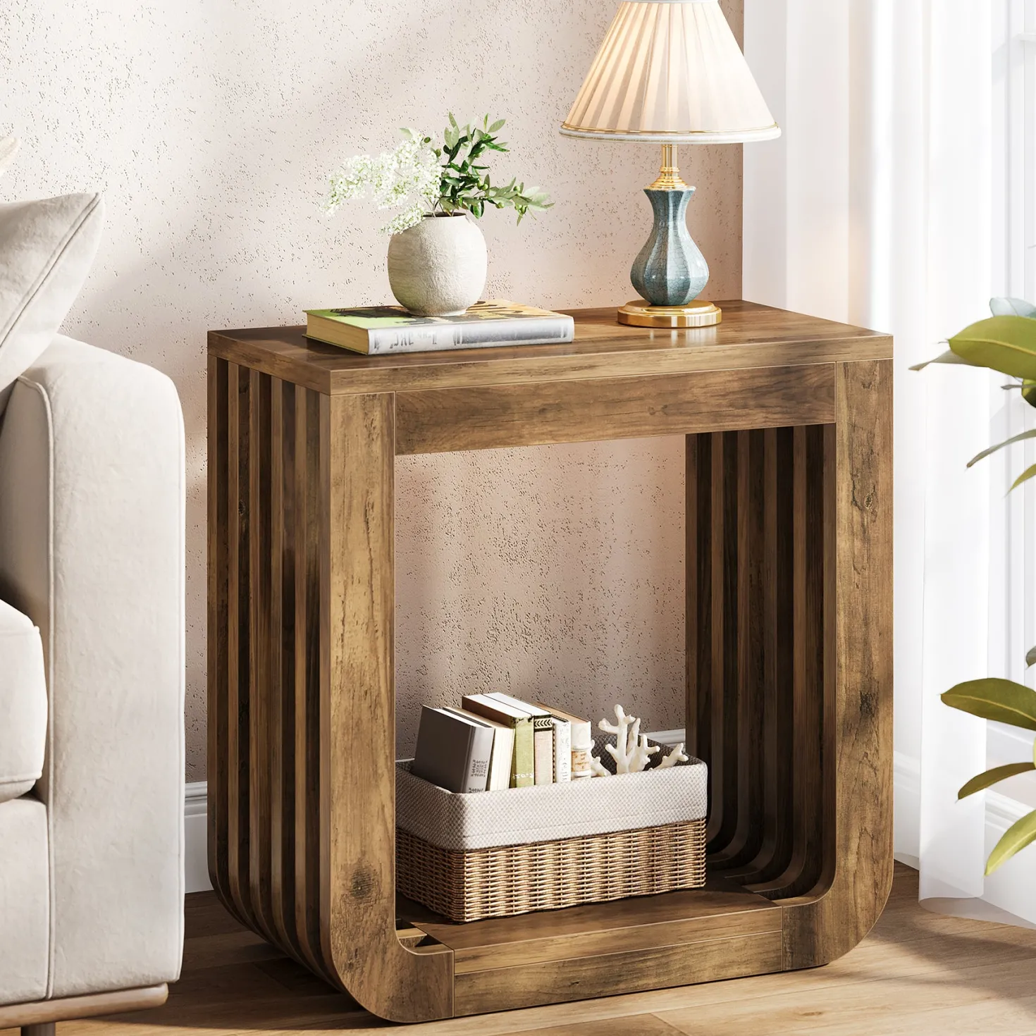 Narrow Sofa Side Table, Farmhouse End Table with Slatted Open Frame