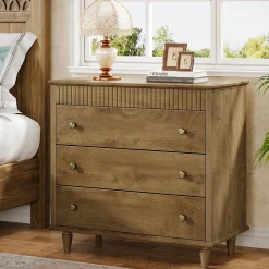 Nightstand with 3 Drawers, 31.5" Oversized Bedside Table with Mental Handles