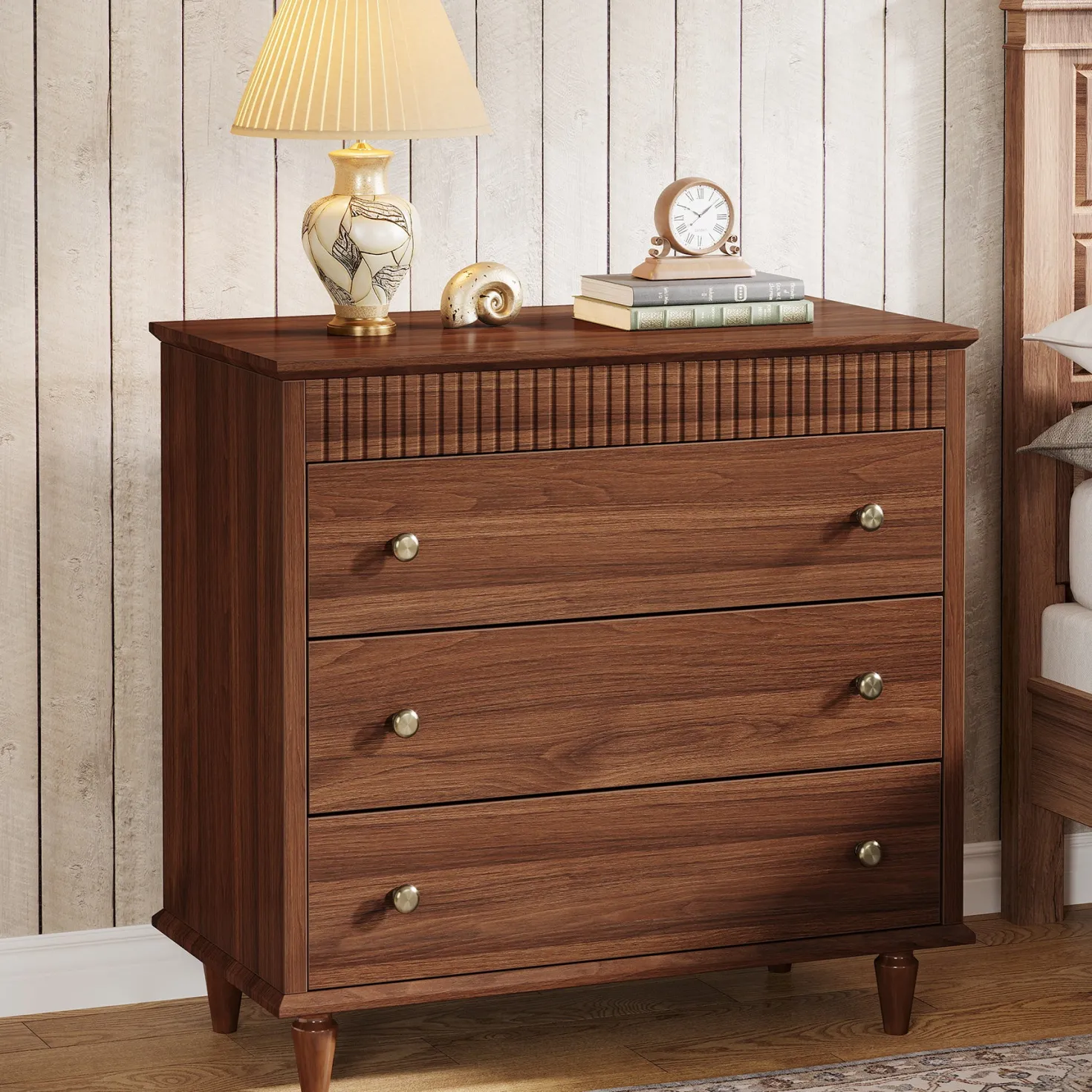 Nightstand with 3 Drawers, 31.5" Oversized Bedside Table with Mental Handles