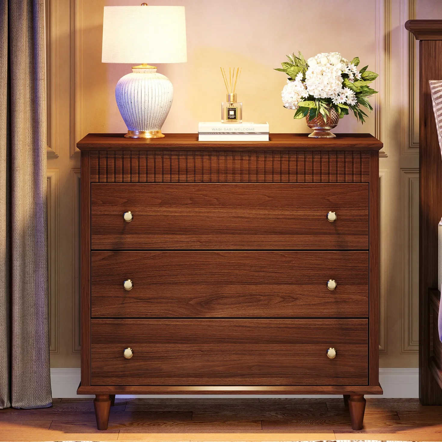 Nightstand with 3 Drawers, 31.5" Oversized Bedside Table with Mental Handles