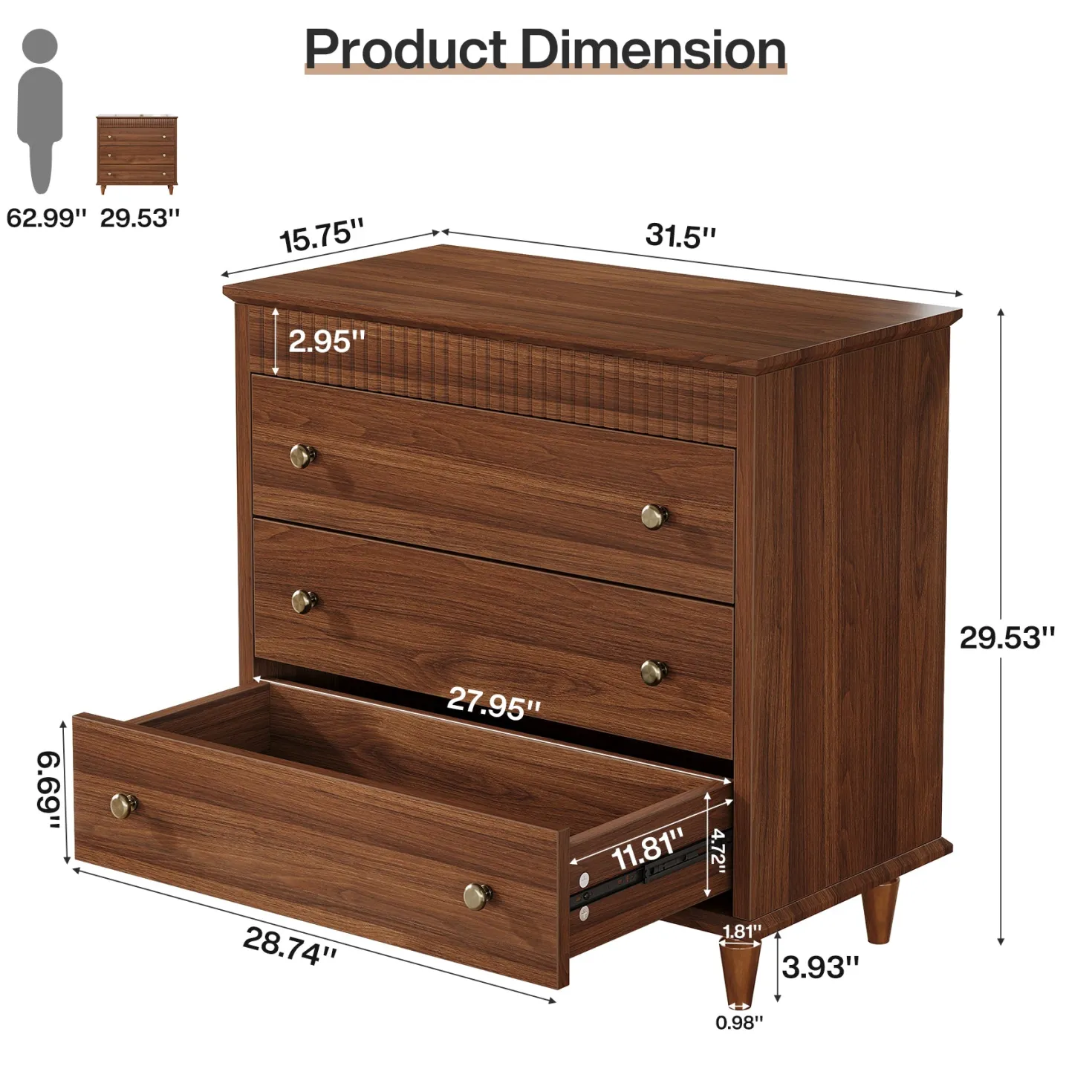 Nightstand with 3 Drawers, 31.5" Oversized Bedside Table with Mental Handles