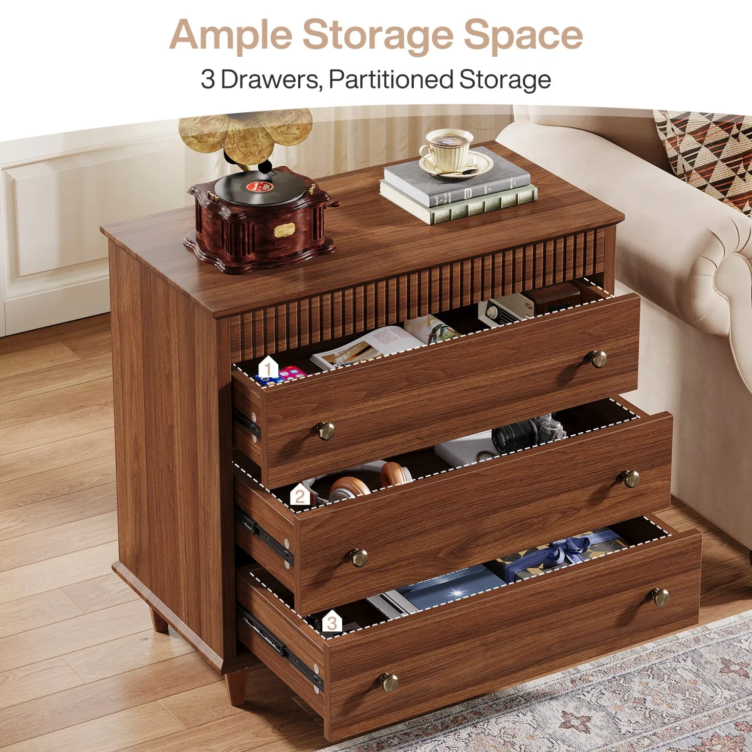 Nightstand with 3 Drawers, 31.5" Oversized Bedside Table with Mental Handles